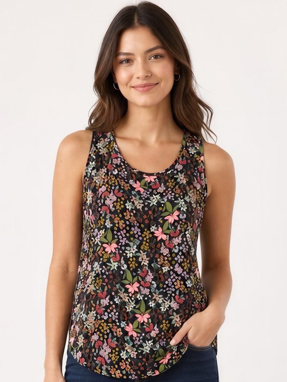 LOFT‎ Black Floral Sleeveless Tank with Pink & Green Print Size S